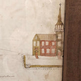 Houses, Trees, Church: Early 1800s Notebook Page with Watercolors in Double Sided Frame