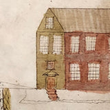 Houses, Trees, Church: Early 1800s Notebook Page with Watercolors in Double Sided Frame