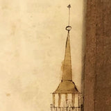 Houses, Trees, Church: Early 1800s Notebook Page with Watercolors in Double Sided Frame