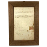 Houses, Trees, Church: Early 1800s Notebook Page with Watercolors in Double Sided Frame