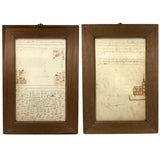 Houses, Trees, Church: Early 1800s Notebook Page with Watercolors in Double Sided Frame