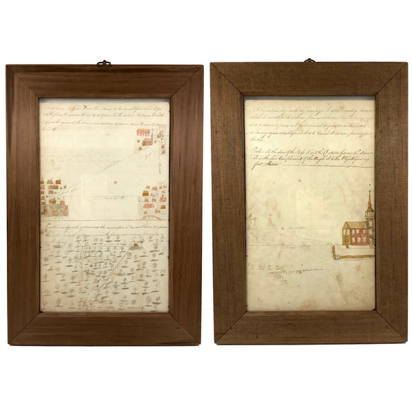 Houses, Trees, Church: Early 1800s Notebook Page with Watercolors in Double Sided Frame