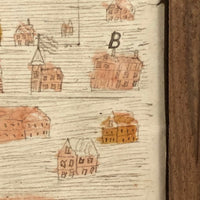 Houses, Trees, Church: Early 1800s Notebook Page with Watercolors in Double Sided Frame