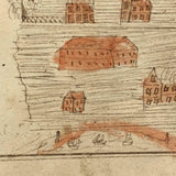 Houses, Trees, Church: Early 1800s Notebook Page with Watercolors in Double Sided Frame