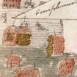 Houses, Trees, Church: Early 1800s Notebook Page with Watercolors in Double Sided Frame