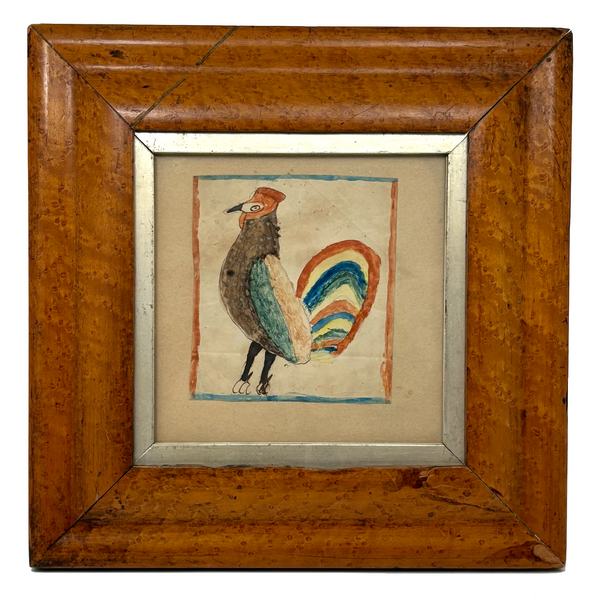 Marvelous Early 19th Century Folk Art Rooster, Ink and Watercolor, in Period Birds Eye Maple Frame