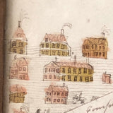 Houses, Trees, Church: Early 1800s Notebook Page with Watercolors in Double Sided Frame