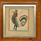 Marvelous Early 19th Century Folk Art Rooster, Ink and Watercolor, in Period Birds Eye Maple Frame