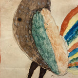 Marvelous Early 19th Century Folk Art Rooster, Ink and Watercolor, in Period Birds Eye Maple Frame