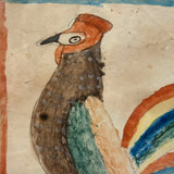 Marvelous Early 19th Century Folk Art Rooster, Ink and Watercolor, in Period Birds Eye Maple Frame