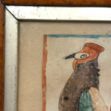Marvelous Early 19th Century Folk Art Rooster, Ink and Watercolor, in Period Birds Eye Maple Frame