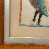 Marvelous Early 19th Century Folk Art Rooster, Ink and Watercolor, in Period Birds Eye Maple Frame