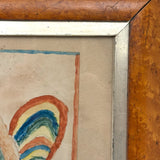 Marvelous Early 19th Century Folk Art Rooster, Ink and Watercolor, in Period Birds Eye Maple Frame