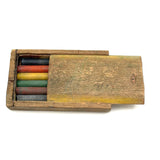 Best Crayon Box Ever, Antique Primitive Carved Out Slide Lid Box with Soft Yellow Exterior and Color Explosion Inside