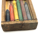 Best Crayon Box Ever, Antique Primitive Carved Out Slide Lid Box with Soft Yellow Exterior and Color Explosion Inside