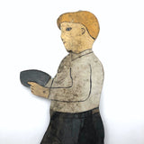 Gentle Boy with Bowl, Tall Painted Lawn Art Cutout on Post