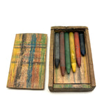 Best Crayon Box Ever, Antique Primitive Carved Out Slide Lid Box with Soft Yellow Exterior and Color Explosion Inside