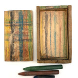 Best Crayon Box Ever, Antique Primitive Carved Out Slide Lid Box with Soft Yellow Exterior and Color Explosion Inside