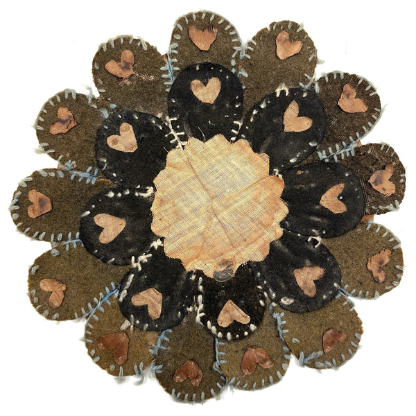 Most Wonderful 19th C. Miniature Penny Rug/Candle Mat with Hearts Everywhere
