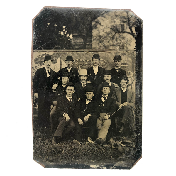 Gang of Men with Attitude Against Painted Banner with Snake, 19th C. Tintype