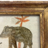 Gray Elephant, Orange Palm, Naive Watercolor on Laid in Terrific Gilded Frame
