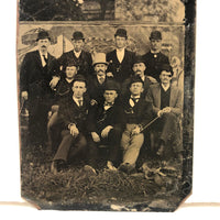 Gang of Men with Attitude Against Painted Banner with Snake, 19th C. Tintype