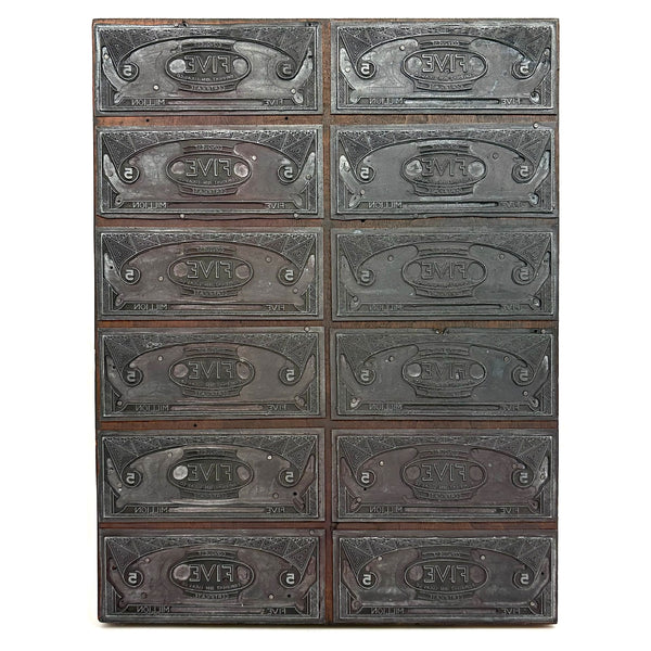 Five Million Dollar Bills, 1930s Lucas Co. Play Money Print Block (for Super Scarce Game of Conquest)