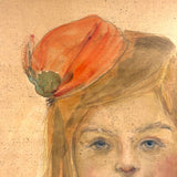 Girl in Orange with Hat and Attitude, Charming Watercolor Portrait in Original Frame
