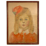 Girl in Orange with Hat and Attitude, Charming Watercolor Portrait in Original Frame
