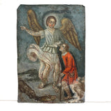 Archangel Raphael with Tobias in Red, and Dog and Fish, Very Beautiful Antique Retablo on Tin