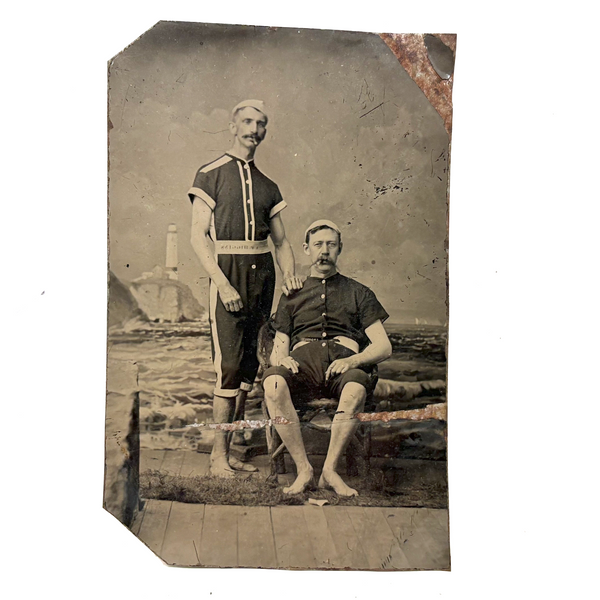 Pair of Bathing Beauties with Mustaches and Cigars, Antique Tintype