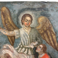 Archangel Raphael with Tobias in Red, and Dog and Fish, Very Beautiful Antique Retablo on Tin