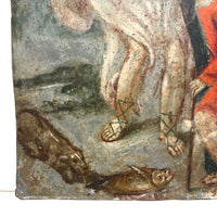 Archangel Raphael with Tobias in Red, and Dog and Fish, Very Beautiful Antique Retablo on Tin