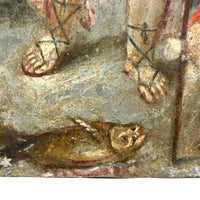 Archangel Raphael with Tobias in Red, and Dog and Fish, Very Beautiful Antique Retablo on Tin