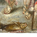 Archangel Raphael with Tobias in Red, and Dog and Fish, Very Beautiful Antique Retablo on Tin