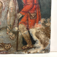 Archangel Raphael with Tobias in Red, and Dog and Fish, Very Beautiful Antique Retablo on Tin