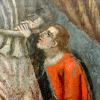 Archangel Raphael with Tobias in Red, and Dog and Fish, Very Beautiful Antique Retablo on Tin