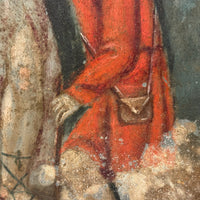 Archangel Raphael with Tobias in Red, and Dog and Fish, Very Beautiful Antique Retablo on Tin