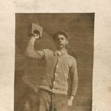 Scrawny Strongman, Young Man Lifting Weight (with Nice Shadow) RPPC