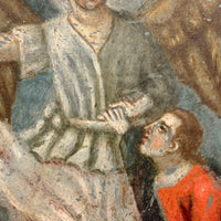 Archangel Raphael with Tobias in Red, and Dog and Fish, Very Beautiful Antique Retablo on Tin