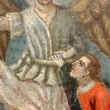 Archangel Raphael with Tobias in Red, and Dog and Fish, Very Beautiful Antique Retablo on Tin