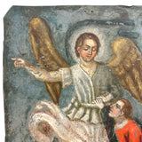 Archangel Raphael with Tobias in Red, and Dog and Fish, Very Beautiful Antique Retablo on Tin