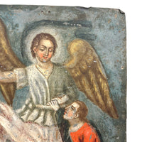 Archangel Raphael with Tobias in Red, and Dog and Fish, Very Beautiful Antique Retablo on Tin