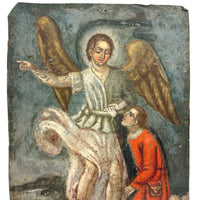 Archangel Raphael with Tobias in Red, and Dog and Fish, Very Beautiful Antique Retablo on Tin