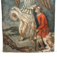 Archangel Raphael with Tobias in Red, and Dog and Fish, Very Beautiful Antique Retablo on Tin