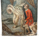Archangel Raphael with Tobias in Red, and Dog and Fish, Very Beautiful Antique Retablo on Tin