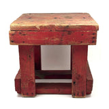 Boxy, Much Loved Vernacular Pine Stool in Original Red Paint with Many Reinforcements