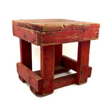 Boxy, Much Loved Vernacular Pine Stool in Original Red Paint with Many Reinforcements