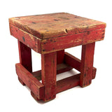 Boxy, Much Loved Vernacular Pine Stool in Original Red Paint with Many Reinforcements