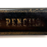 Pens and Pencils, Antique French Lacquer Divided Interior Snap Lid Box with Gold Lettering